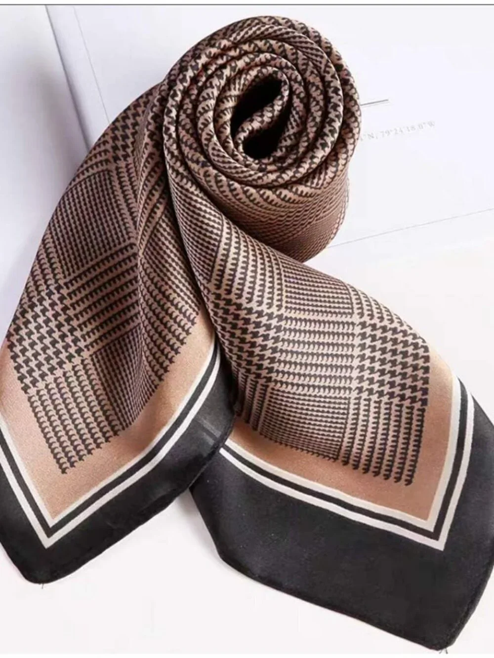 Women's Coffee-check Mulberry Square Scarf  Hair Digital Printed Headscarf Silk